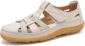 Womens Sandals Leather Cutout Soft Sole Slip On Loafers Lightweight Non Slip Summer Cutout Roman Sandals Ankle Strap Causal Summer Shoes