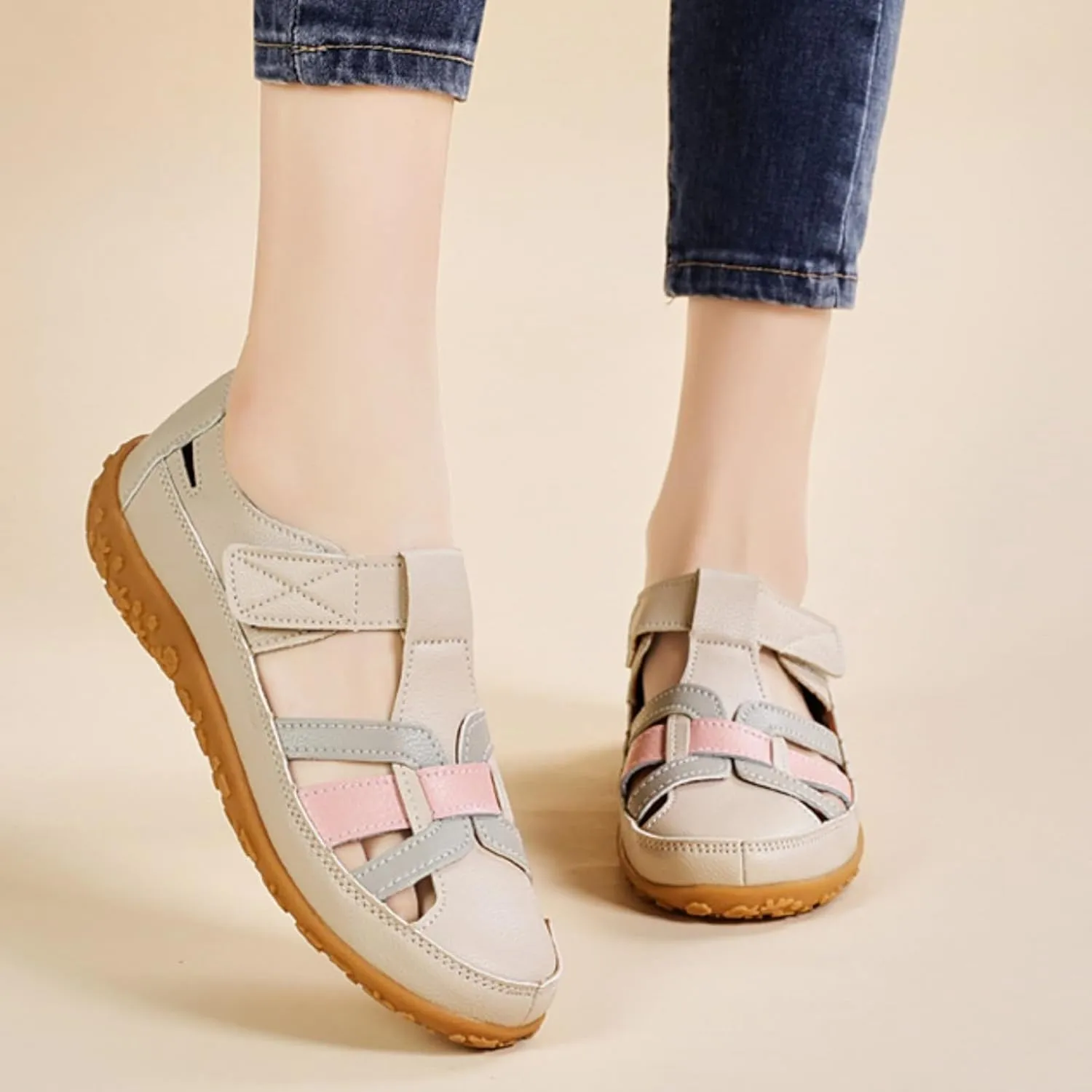 Womens Sandals Leather Cutout Soft Sole Slip On Loafers Lightweight Non Slip Summer Cutout Roman Sandals Ankle Strap Causal Summer Shoes