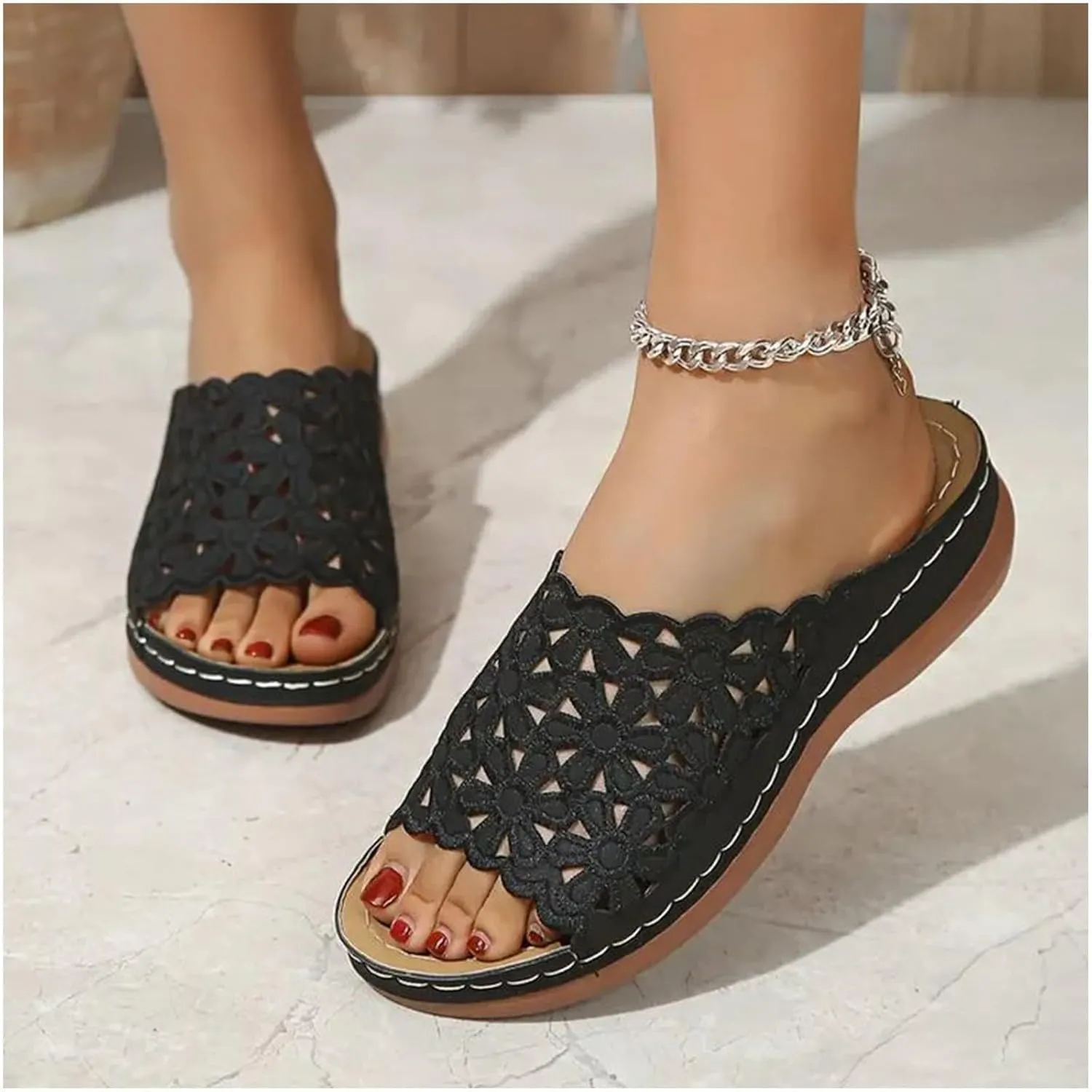 Women's Sandals Open Toe Hollow Out Wedge Casual Summer Slippers Platform Dressy Flat Flip Flops Comfortable Walking Arch Support Orthotic Slides Fashion Wedges Slip On Beach Travel Shoes