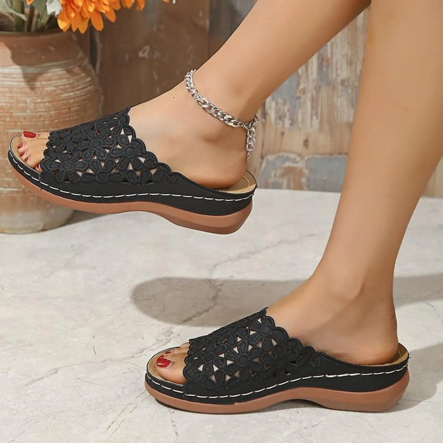 Women's Sandals Open Toe Hollow Out Wedge Casual Summer Slippers Platform Dressy Flat Flip Flops Comfortable Walking Arch Support Orthotic Slides Fashion Wedges Slip On Beach Travel Shoes