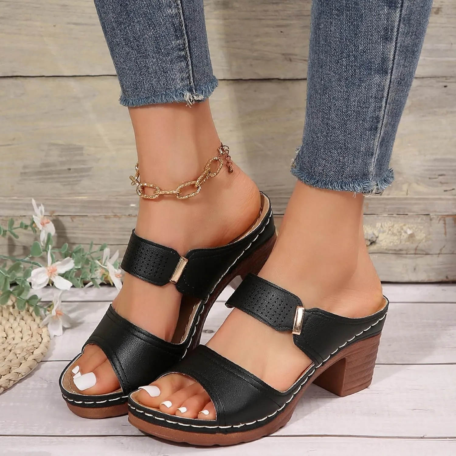 Womens Sandals Platform Chunky Heels Low Block Heeled Sandals Slip On Open Toe Walking Slippers Ladies Elegant Summer All-Match Sandal Outdoor Shoes for Women Dressy