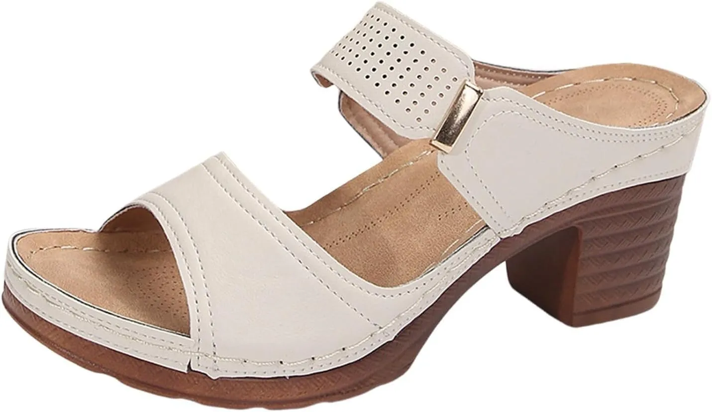 Womens Sandals Platform Chunky Heels Low Block Heeled Sandals Slip On Open Toe Walking Slippers Ladies Elegant Summer All-Match Sandal Outdoor Shoes for Women Dressy