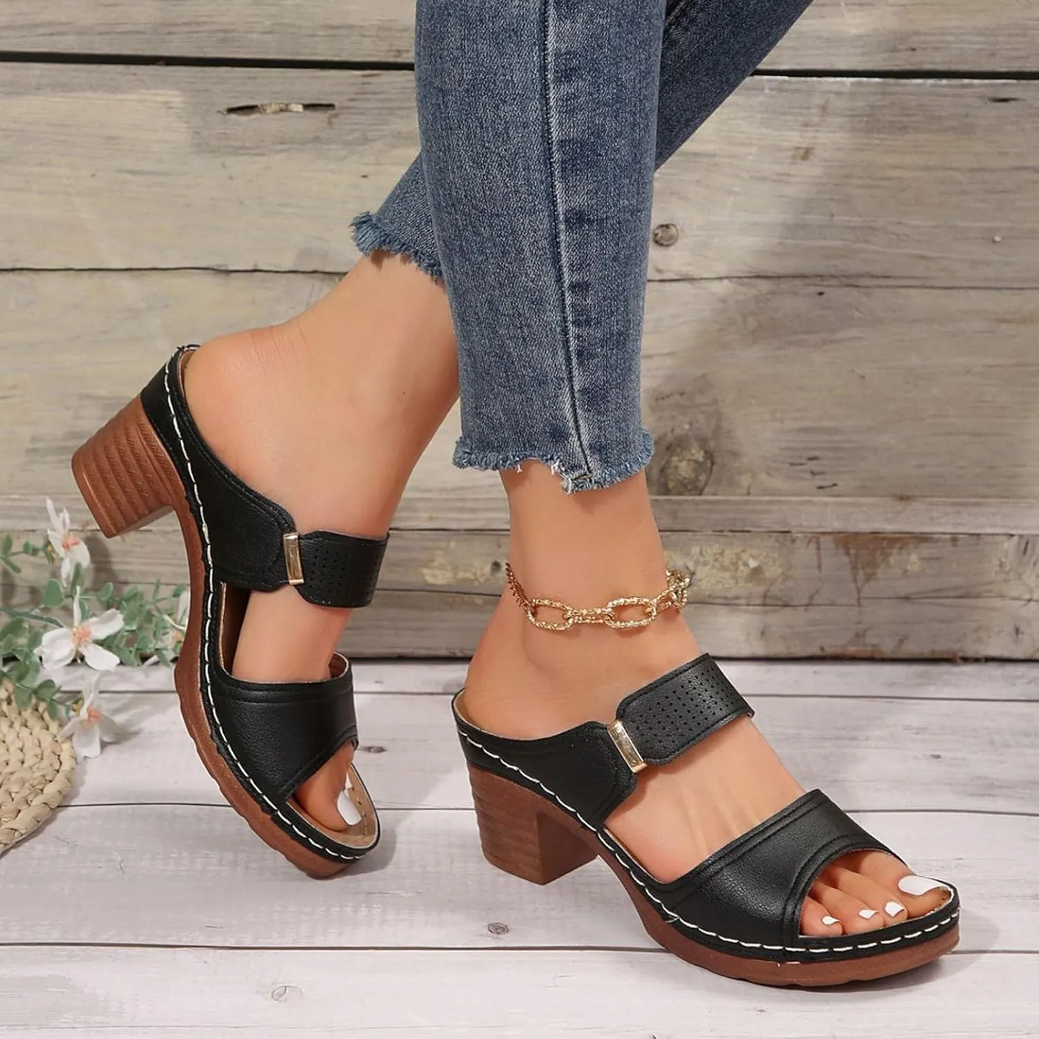 Womens Sandals Platform Chunky Heels Low Block Heeled Sandals Slip On Open Toe Walking Slippers Ladies Elegant Summer All-Match Sandal Outdoor Shoes for Women Dressy
