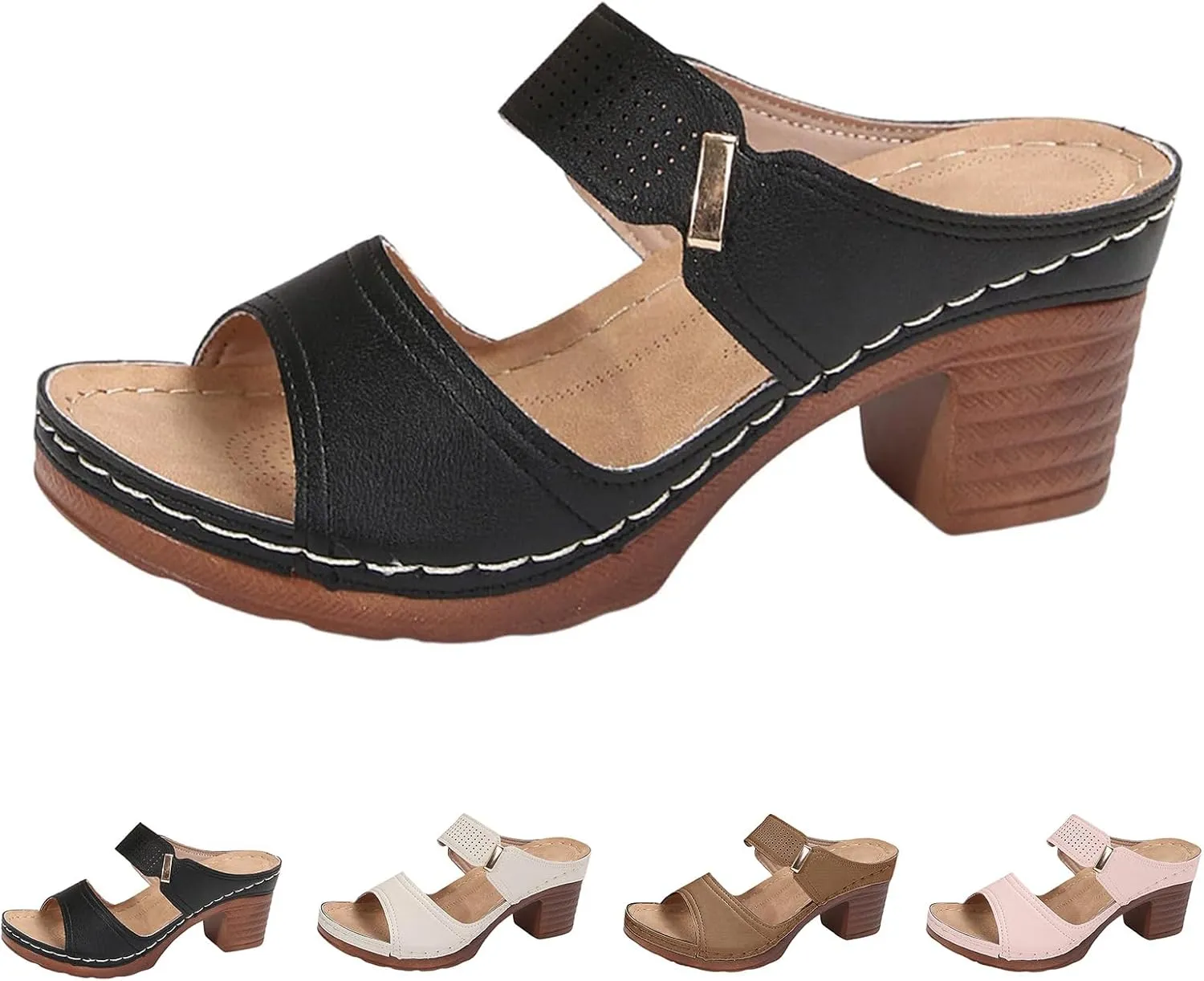Womens Sandals Platform Chunky Heels Low Block Heeled Sandals Slip On Open Toe Walking Slippers Ladies Elegant Summer All-Match Sandal Outdoor Shoes for Women Dressy