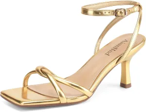 Women's Sandals Square Open Toe Kitten Heels Strappy Ankle Strap Sandals for Women Comfort Dress Party Shoes