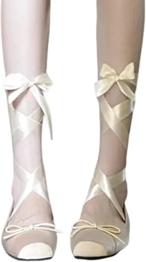 Women's Satin Ballet Flats Bow Closed Square Toe Party Ballet Dress Shoes Women’s lace up Ballet Flats