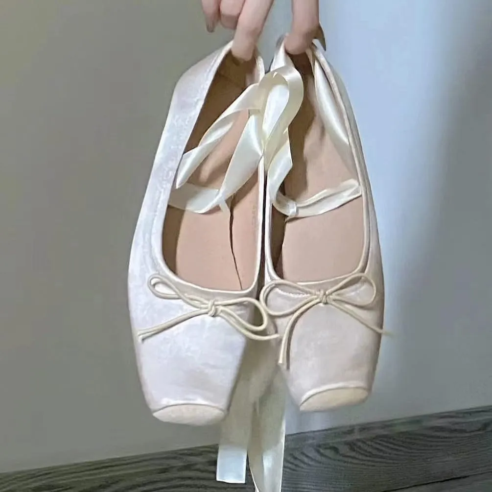 Women's Satin Ballet Flats Bow Closed Square Toe Party Ballet Dress Shoes Women’s lace up Ballet Flats