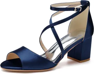 Women's Satin Block Heel Wedding Sandals Peep Toe Sandals for Women Cross Strap Evening Dressy Bridal Shoes for Women