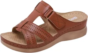 Womens Slide Sandals Arch Support Slides Slip on Plantar Fasciitis Vintage Hollow Summer Slippers Casual Outdoor Round Toe Shoes Fashion Flat Minimalist Sandal