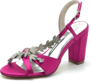 Women's Slingback Court Shoes Satin Rhinestones Block Heel Bridal Pumps Closed Toe Wedding Dress Sandals