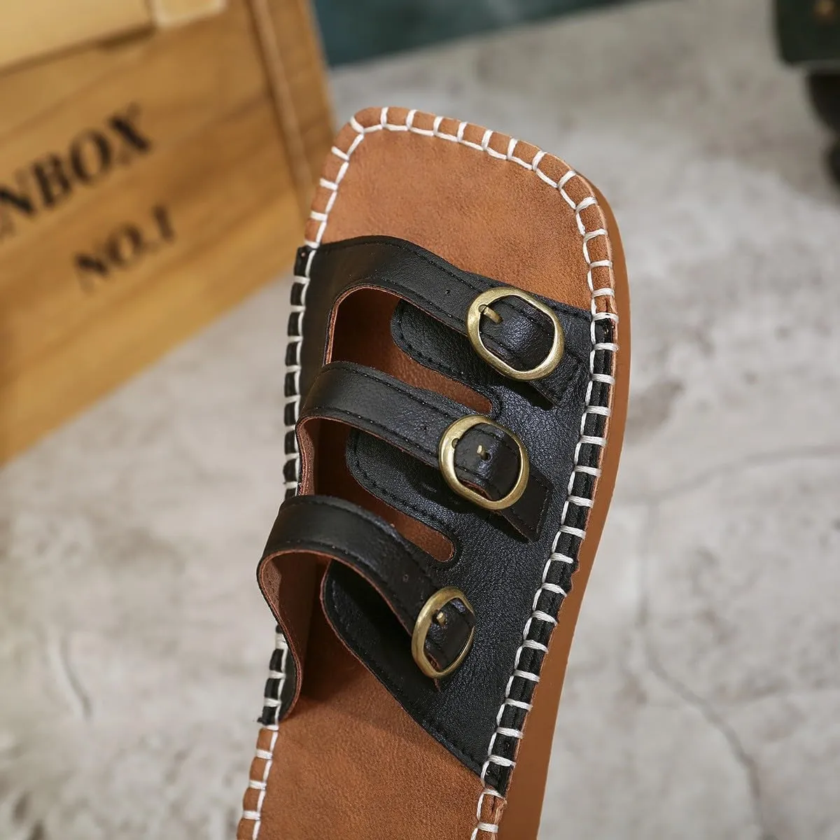 Women's Square Open Toe Slide Sandals Cute Teen Girls Slip on Buckle Strap Y2K Flat Slides for Summer Ladies Sandal