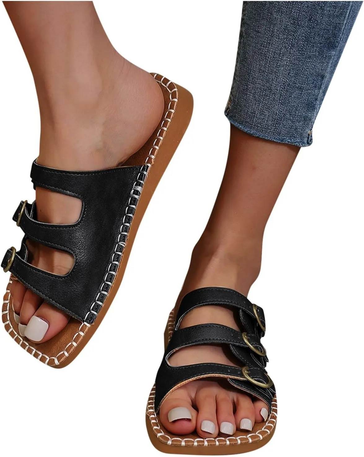 Women's Square Open Toe Slide Sandals Cute Teen Girls Slip on Buckle Strap Y2K Flat Slides for Summer Ladies Sandal