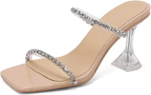 Women's Square Open Toe Slip-On Slide Rhinestone Strap Pumps High Kitten Flare Heeled Sandals Strappy Classic Work Office Church Shoes Sexy Dating Dress Business Party Summer Heels