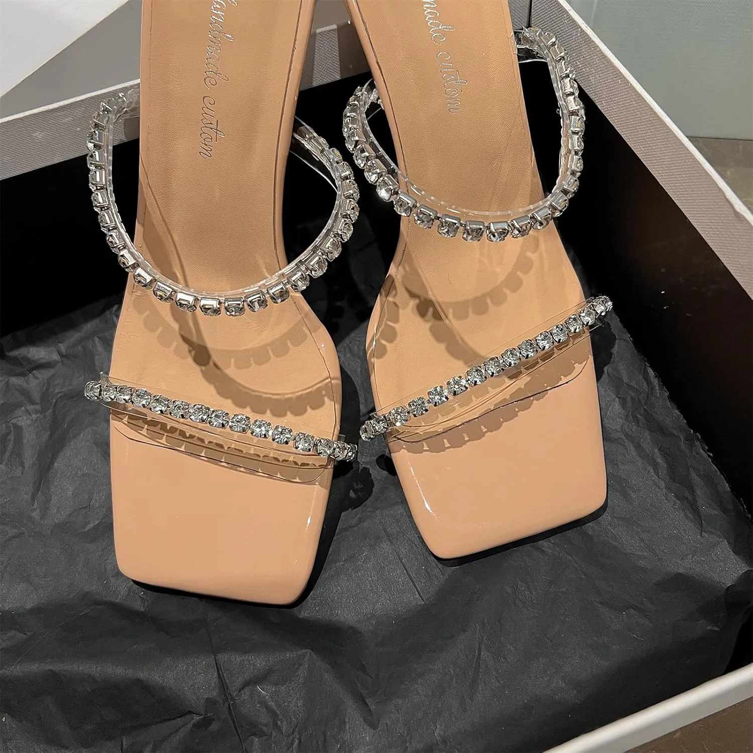Women's Square Open Toe Slip-On Slide Rhinestone Strap Pumps High Kitten Flare Heeled Sandals Strappy Classic Work Office Church Shoes Sexy Dating Dress Business Party Summer Heels