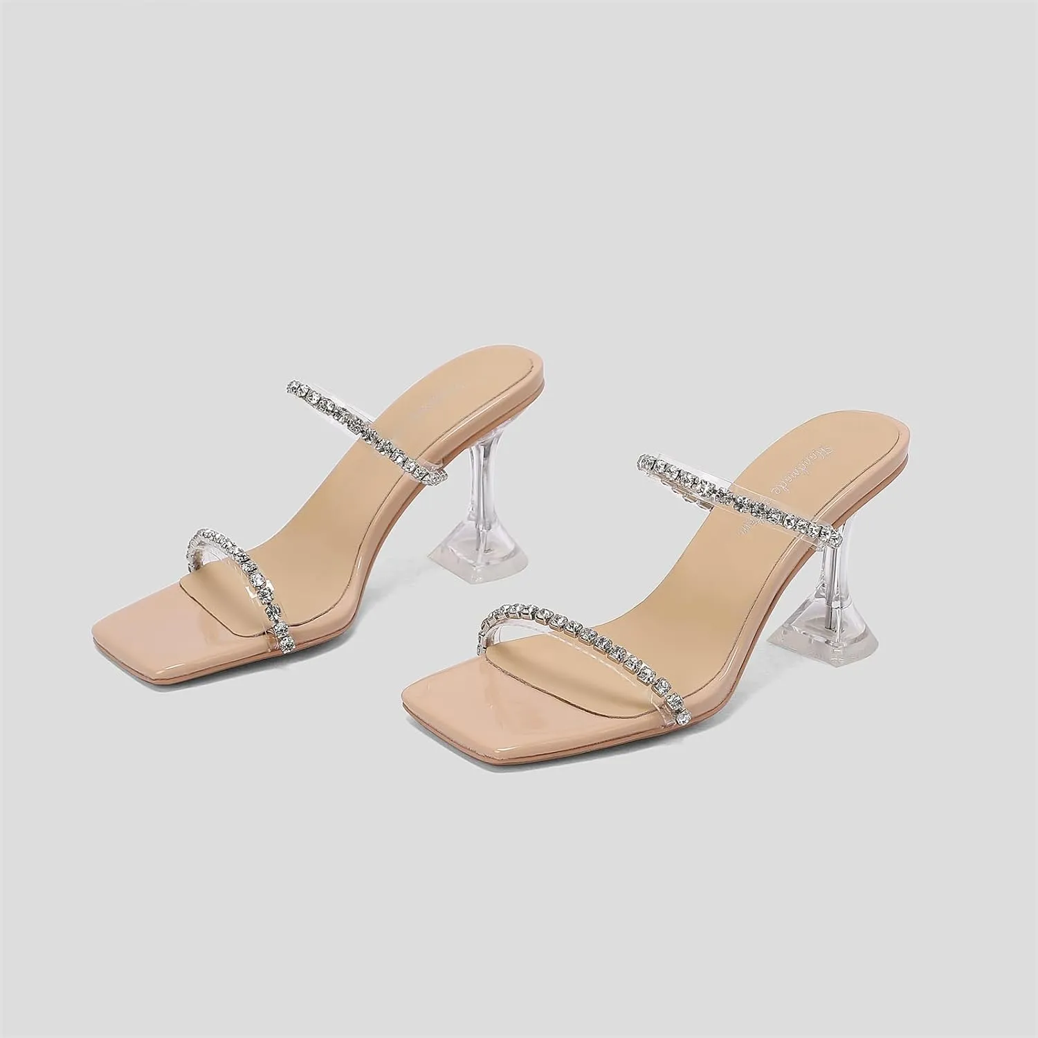 Women's Square Open Toe Slip-On Slide Rhinestone Strap Pumps High Kitten Flare Heeled Sandals Strappy Classic Work Office Church Shoes Sexy Dating Dress Business Party Summer Heels