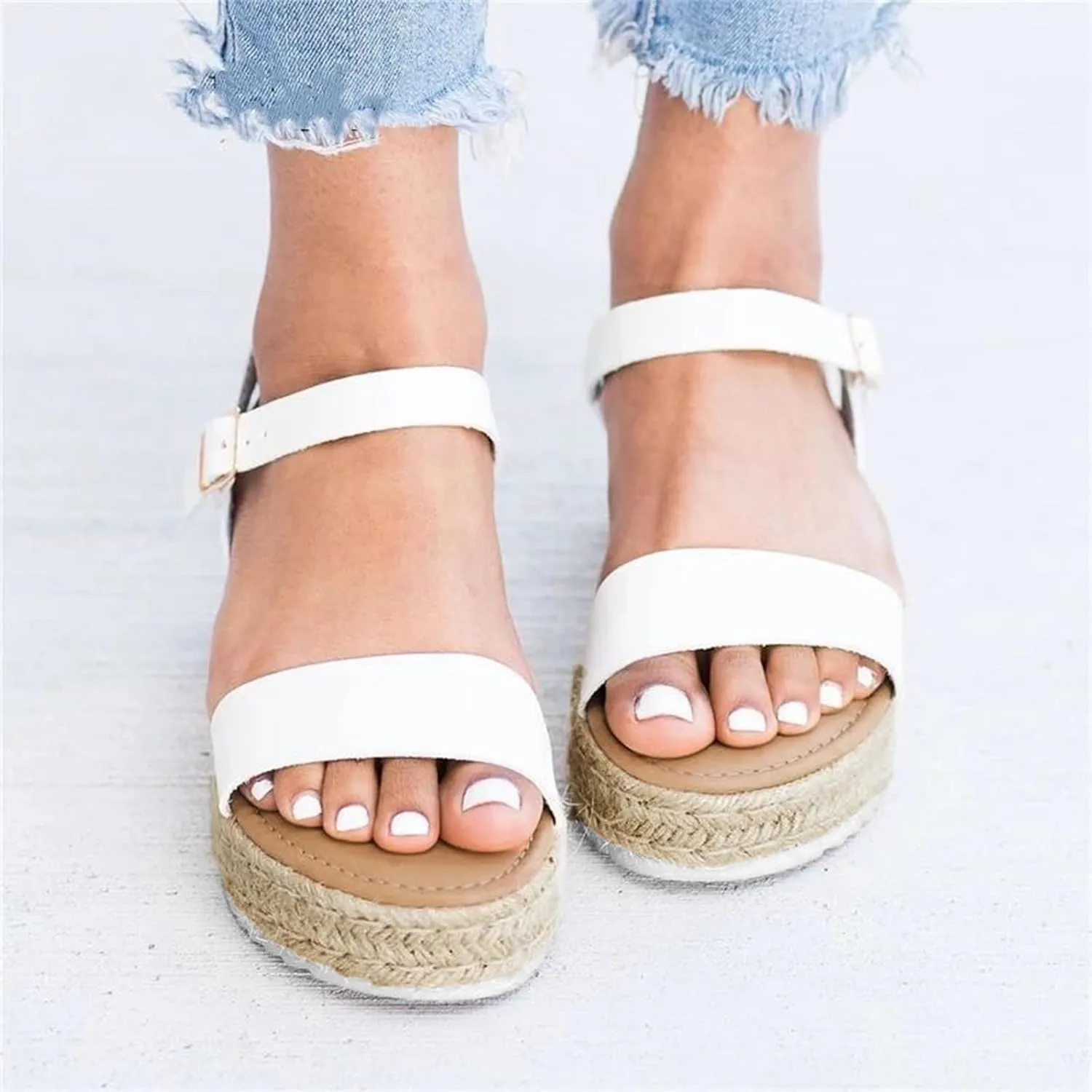 Womens Strappy Low Heels Wedge Sandals Orthopedic Ankle Strap Adjustable Shoes Classic Wedges Comfortable Walking Slide on Casual Breathable Arch Support Sandals