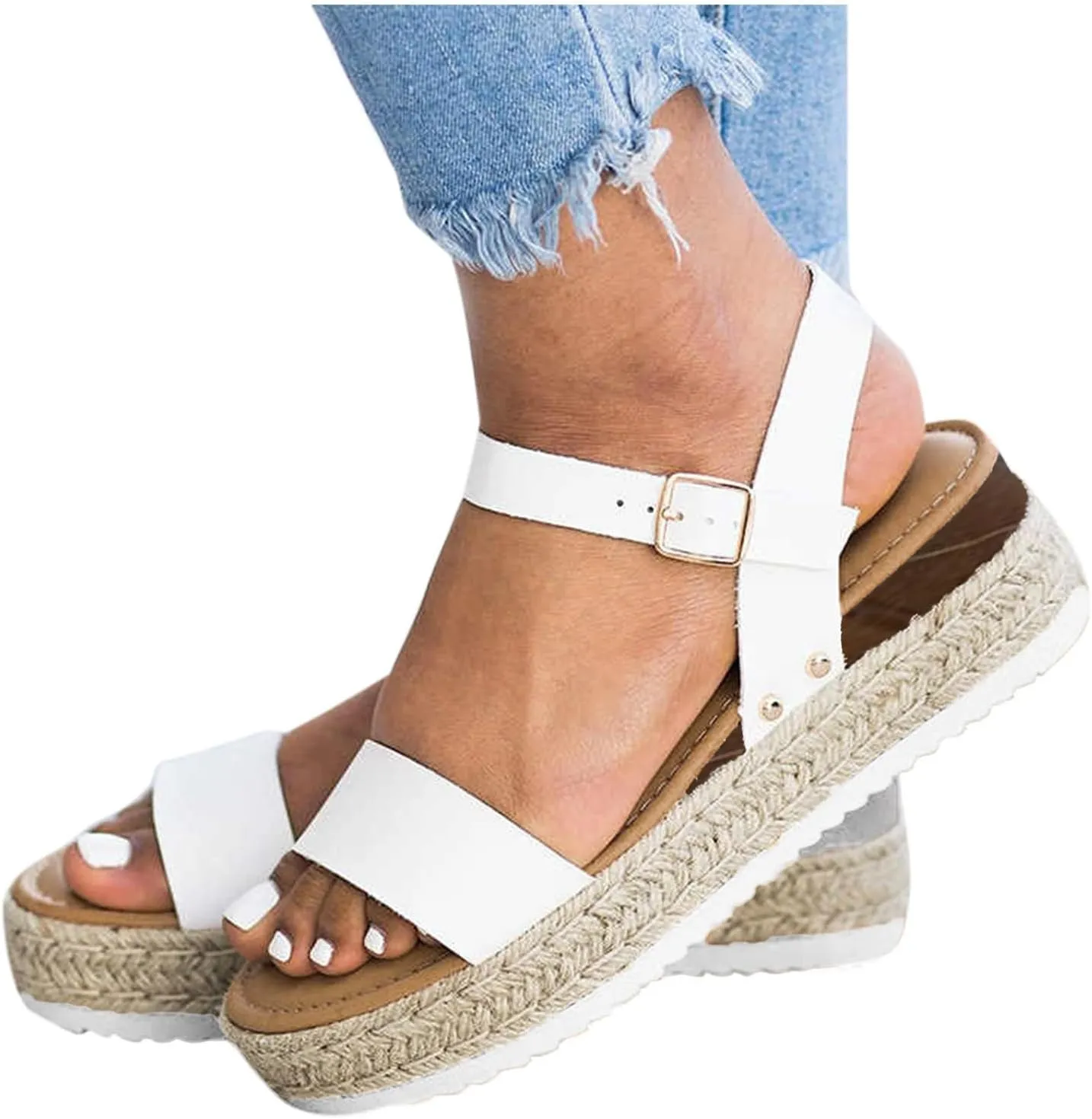 Womens Strappy Low Heels Wedge Sandals Orthopedic Ankle Strap Adjustable Shoes Classic Wedges Comfortable Walking Slide on Casual Breathable Arch Support Sandals