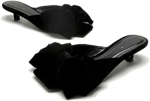 Women's velvet Bow kitten heel Slides Sandals Fashion Comfortable Square Open Toe Slip On Low stiletto Dress mules slippers for Daily Work Wedding Party