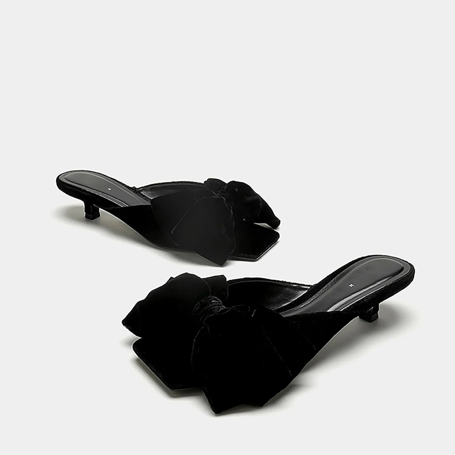 Women's velvet Bow kitten heel Slides Sandals Fashion Comfortable Square Open Toe Slip On Low stiletto Dress mules slippers for Daily Work Wedding Party