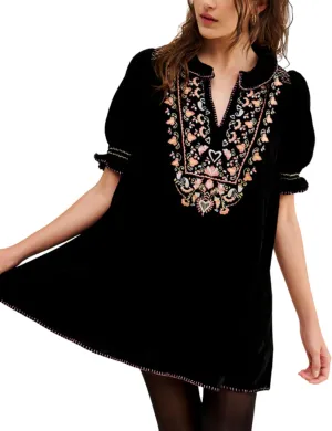 Women's Velvet Mini Dress V-Neck Puffy Short Sleeve Embroidered Short Dress Vintage Floral Holiday Party Dress