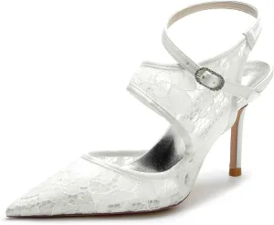 Women's Wedding Bride Lace Block Heels Closed Toe Court Mary Jane Double Strap Satin Bridal Shoe