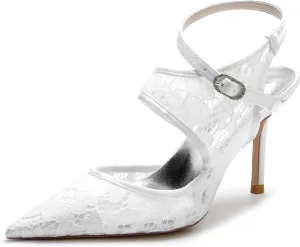 Women's Wedding Bride Lace Block Heels Closed Toe Court Mary Jane Double Strap Satin Bridal Shoe