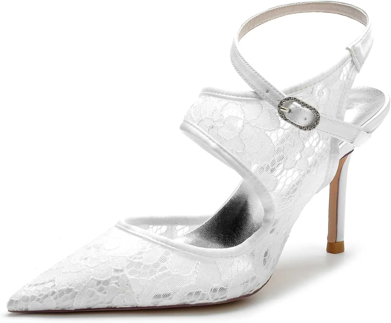 Women's Wedding Bride Lace Block Heels Closed Toe Court Mary Jane Double Strap Satin Bridal Shoe