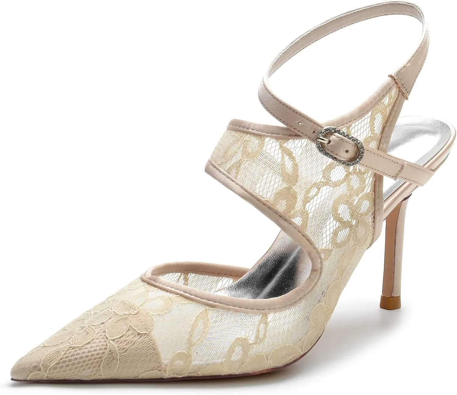 Women's Wedding Bride Lace Block Heels Closed Toe Court Mary Jane Double Strap Satin Bridal Shoe