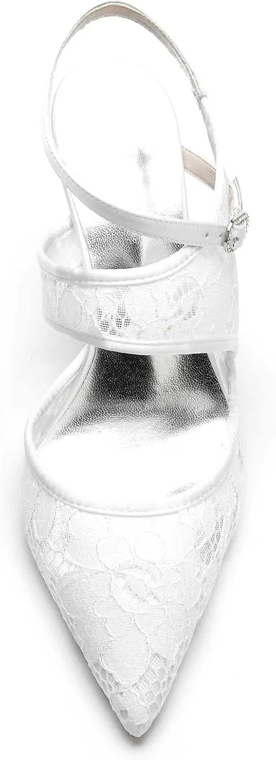 Women's Wedding Bride Lace Block Heels Closed Toe Court Mary Jane Double Strap Satin Bridal Shoe