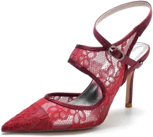 Women's Wedding Bride Lace Block Heels Closed Toe Court Mary Jane Double Strap Satin Bridal Shoe