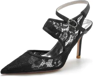 Women's Wedding Bride Lace Block Heels Closed Toe Court Mary Jane Double Strap Satin Bridal Shoe