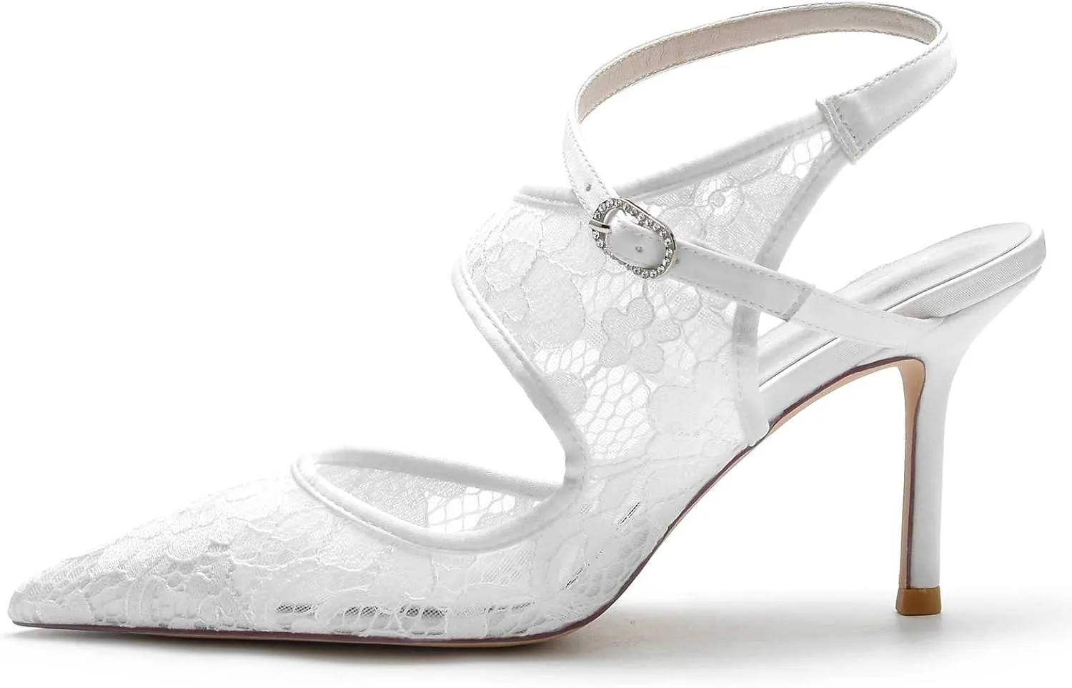 Women's Wedding Bride Lace Block Heels Closed Toe Court Mary Jane Double Strap Satin Bridal Shoe