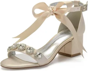 Women's Wedding Shoes for Bride Chunky Heeled Sandals Rhinestones Block Bridal Shoes with Ribbon Tie