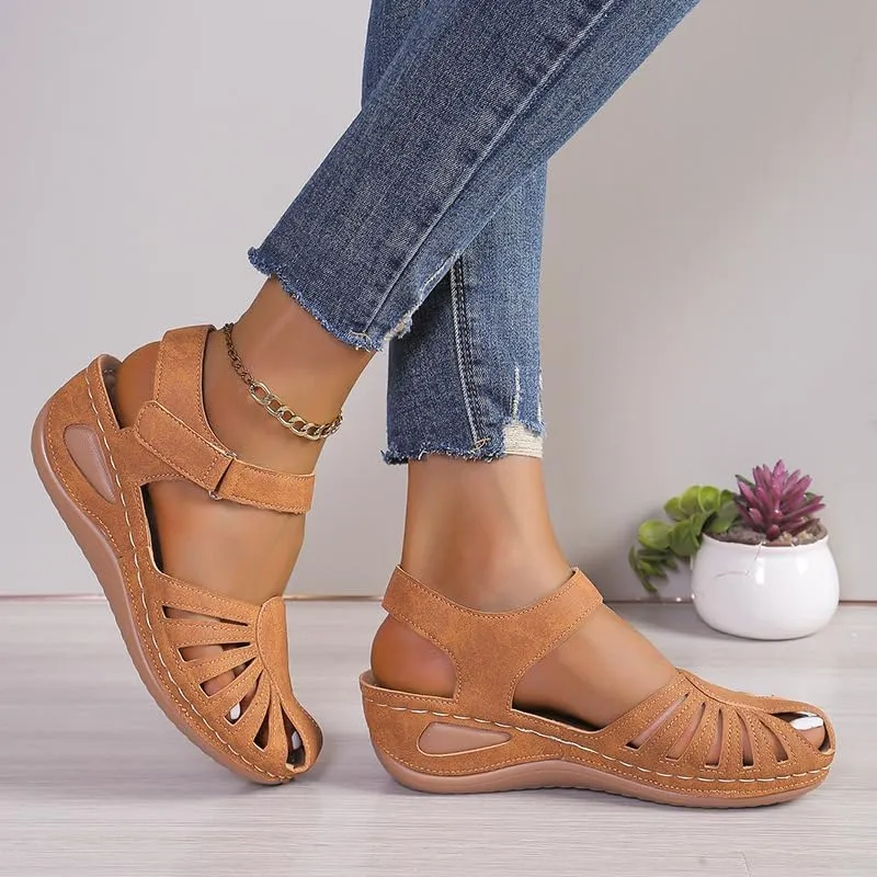 Women's Wedge Heels Ankle Strap Low Summer Sandals Closed Toe Hollow Out Orthopedic Bohemia Fishmouth Wedges Sandal Hollow Out Strap Comfy Outdoor Beach Athletic Shoes
