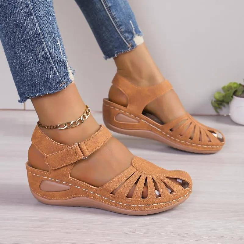 Women's Wedge Heels Ankle Strap Low Summer Sandals Closed Toe Hollow Out Orthopedic Bohemia Fishmouth Wedges Sandal Hollow Out Strap Comfy Outdoor Beach Athletic Shoes
