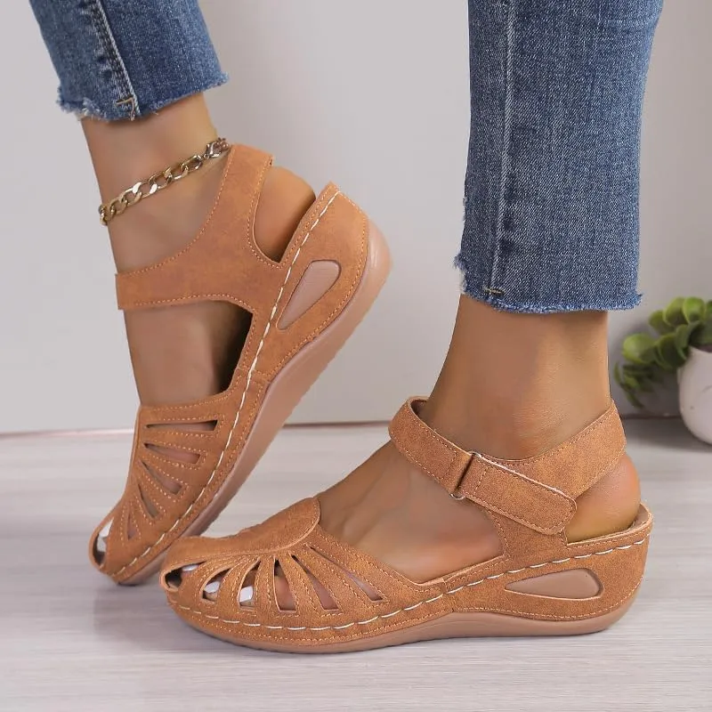 Women's Wedge Heels Ankle Strap Low Summer Sandals Closed Toe Hollow Out Orthopedic Bohemia Fishmouth Wedges Sandal Hollow Out Strap Comfy Outdoor Beach Athletic Shoes