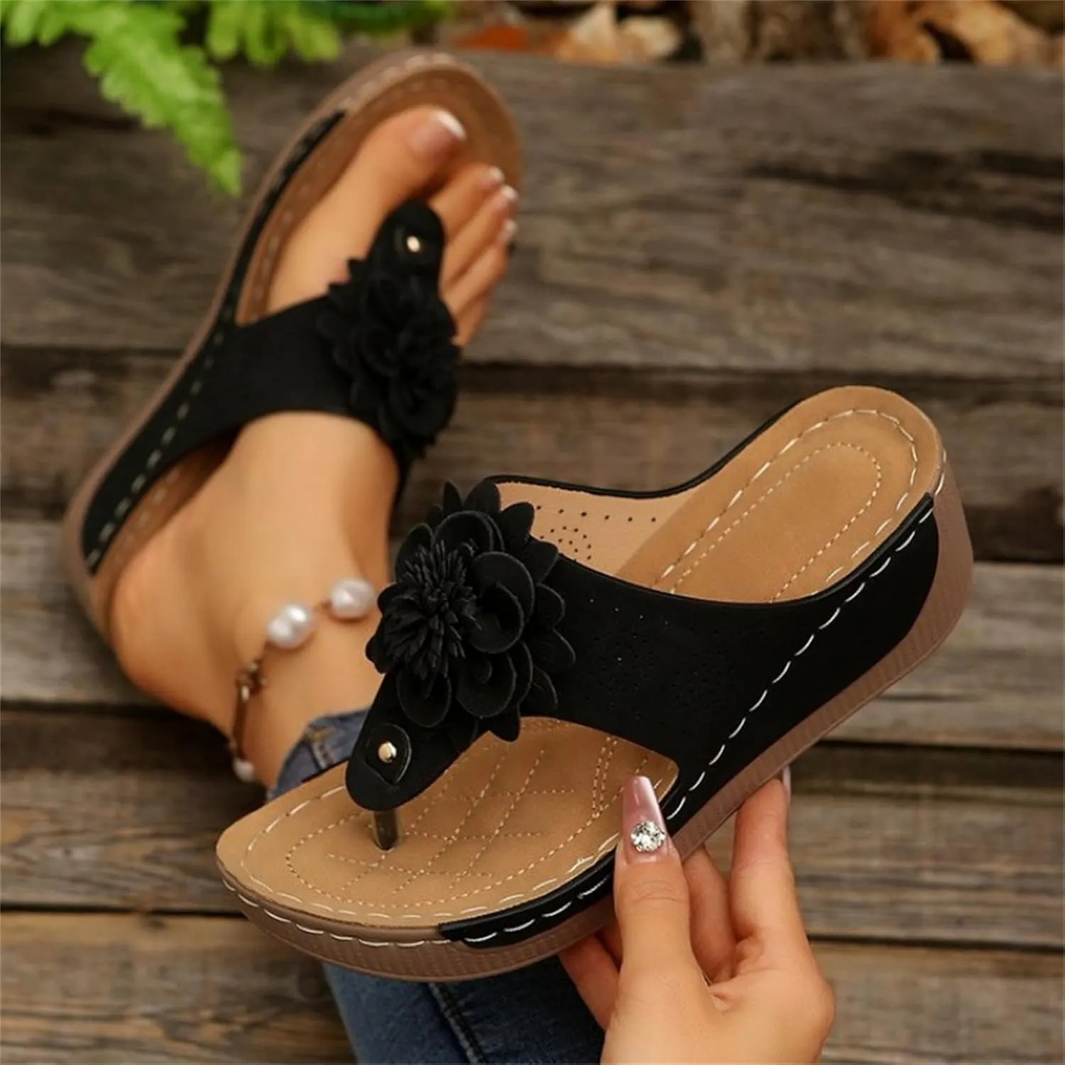 Womens Wedge Sandals Flower Low Heel Orthopedic Platform for Summer Dressy Comfortable Clip Toe Lightweight Slippers Arch Support Casual Slip On Open 2025 Flat Non-Slip Beach Dress Shoes