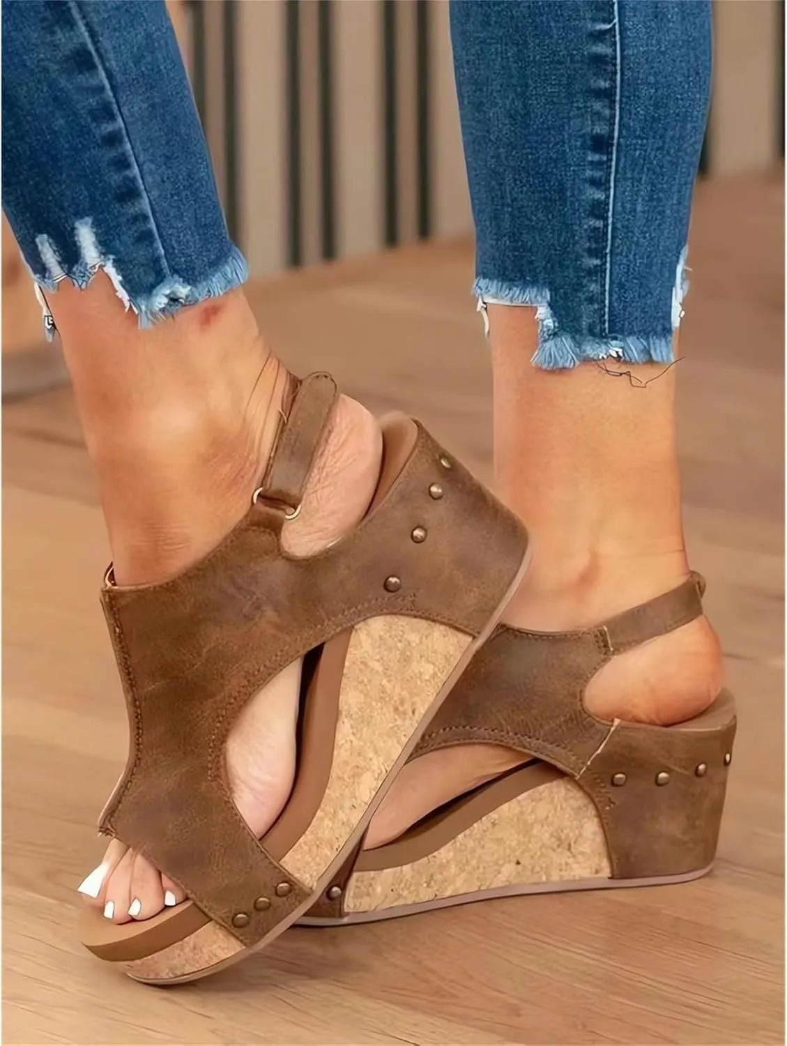 Women's Wedge Sandals With Buckle Ankle Strap for Dressy Summer Casual Flat-Bottomed Platform Wedges Sandal Slip On Peep Toe Slingback Wedding Beach Walking Shoes