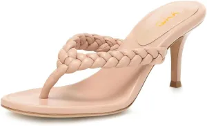 XYD Women Braided Strap Flip Fliops Almond Open Toe Thin Mid Heel Sandals Summer Chic Slip-on Thong Dress Shoes