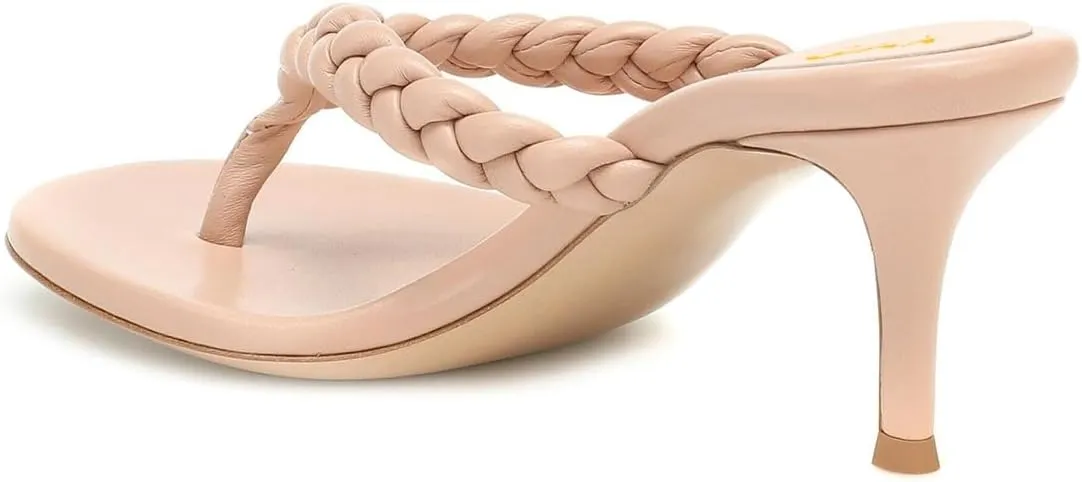 XYD Women Braided Strap Flip Fliops Almond Open Toe Thin Mid Heel Sandals Summer Chic Slip-on Thong Dress Shoes