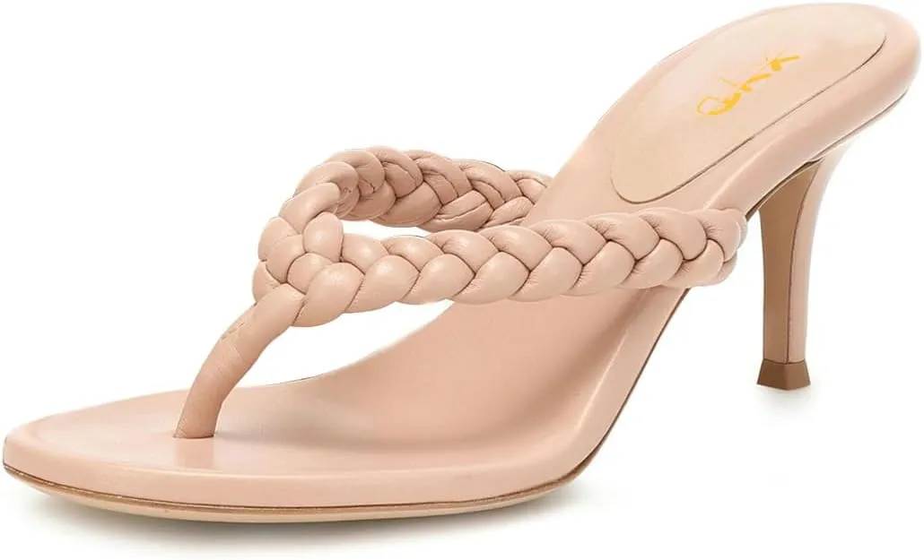 XYD Women Braided Strap Flip Fliops Almond Open Toe Thin Mid Heel Sandals Summer Chic Slip-on Thong Dress Shoes