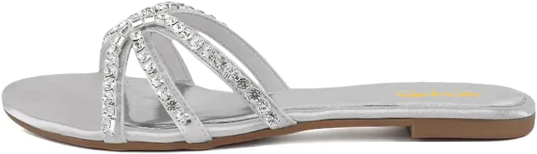 XYD Women Round Open Toe Flat Slippers Rhinestones Straps Cutout Slides Sandals Beach Holiday Casual Shoes