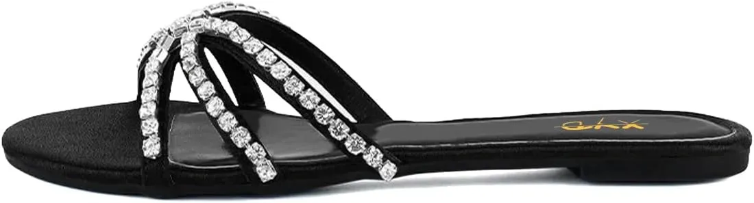 XYD Women Round Open Toe Flat Slippers Rhinestones Straps Cutout Slides Sandals Beach Holiday Casual Shoes