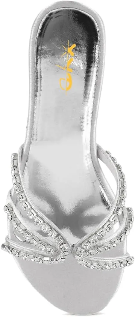 XYD Women Round Open Toe Flat Slippers Rhinestones Straps Cutout Slides Sandals Beach Holiday Casual Shoes