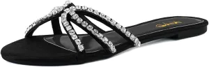 XYD Women Round Open Toe Flat Slippers Rhinestones Straps Cutout Slides Sandals Beach Holiday Casual Shoes