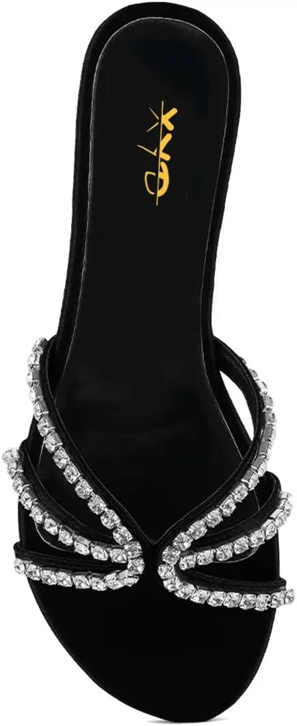 XYD Women Round Open Toe Flat Slippers Rhinestones Straps Cutout Slides Sandals Beach Holiday Casual Shoes