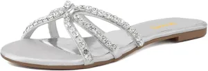 XYD Women Round Open Toe Flat Slippers Rhinestones Straps Cutout Slides Sandals Beach Holiday Casual Shoes