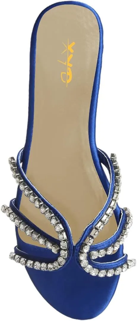XYD Women Round Open Toe Flat Slippers Rhinestones Straps Cutout Slides Sandals Beach Holiday Casual Shoes