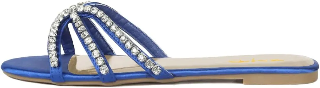 XYD Women Round Open Toe Flat Slippers Rhinestones Straps Cutout Slides Sandals Beach Holiday Casual Shoes