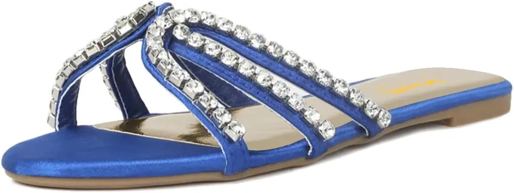 XYD Women Round Open Toe Flat Slippers Rhinestones Straps Cutout Slides Sandals Beach Holiday Casual Shoes